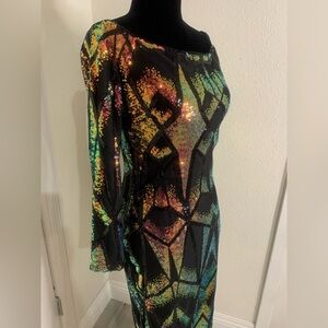 Sequin Geometric Long Sleeve Dress - Black with Multicolor Sequins